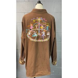 Brown Denim Embroidered Button Front Shirt Shacket 2X Bob Mackie Spring Maypole